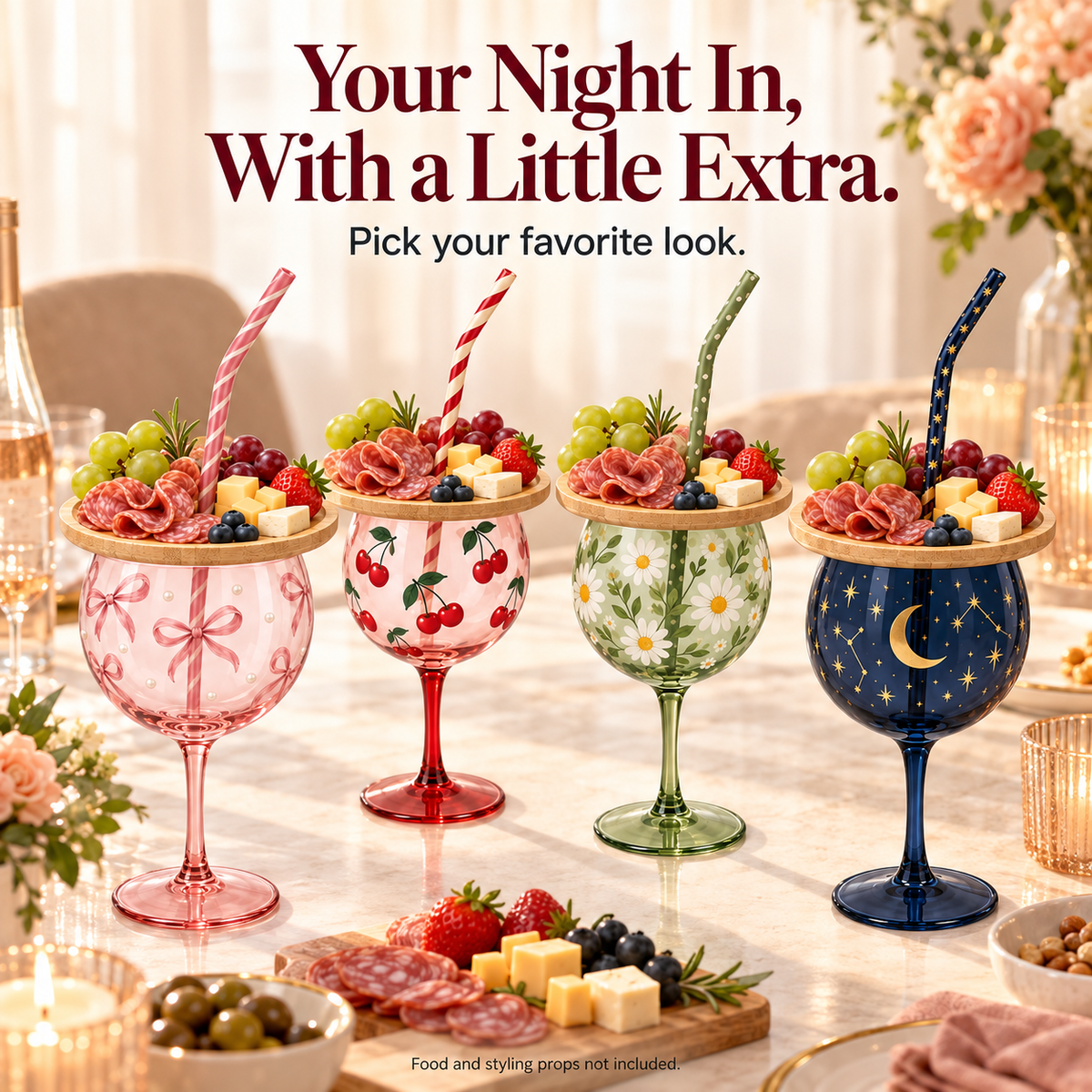 Four coordinated sip and snack wine cup designs displayed together