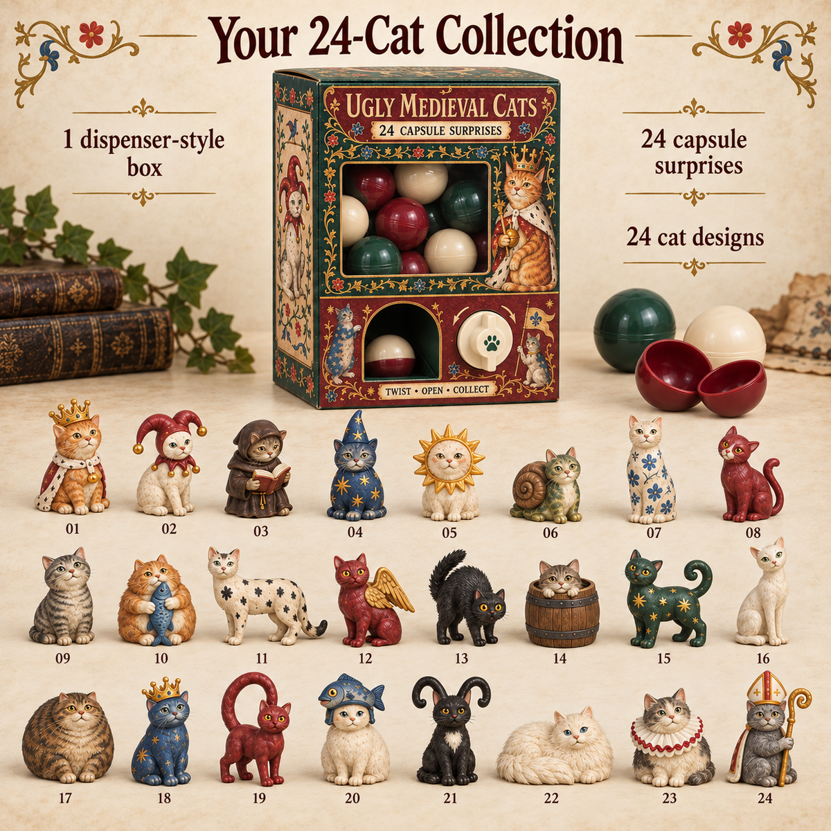 Complete collection of 24 different medieval cat figures with capsule dispenser