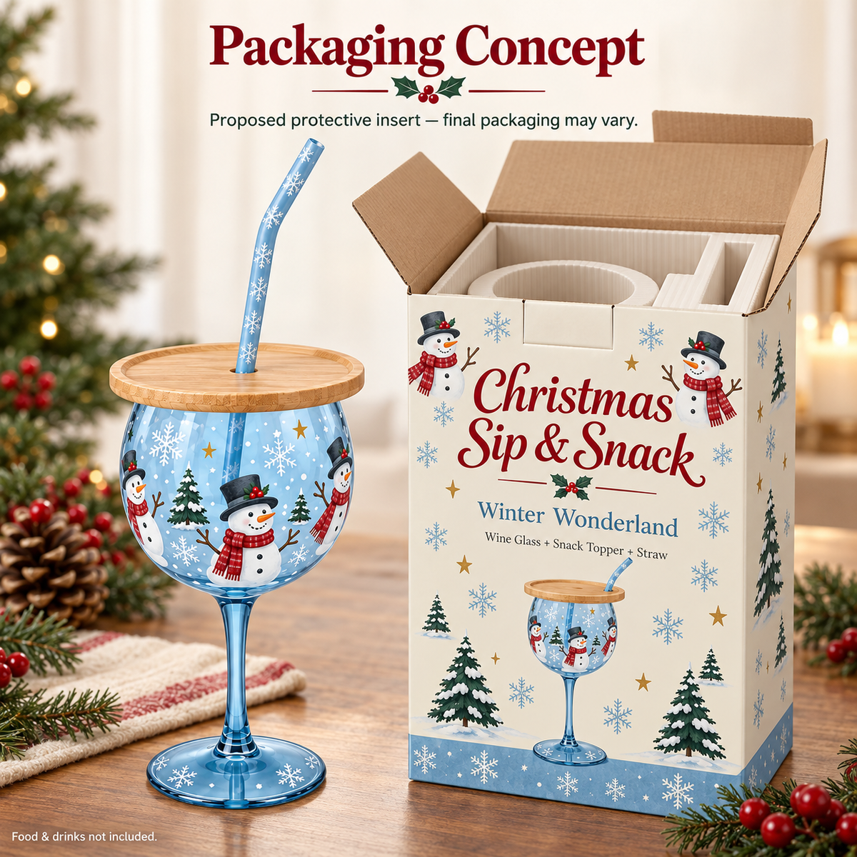 🎄🍷 Christmas Sip & Snack Wine Glass – Charcuterie Topper & Straw in 4 Festive Designs