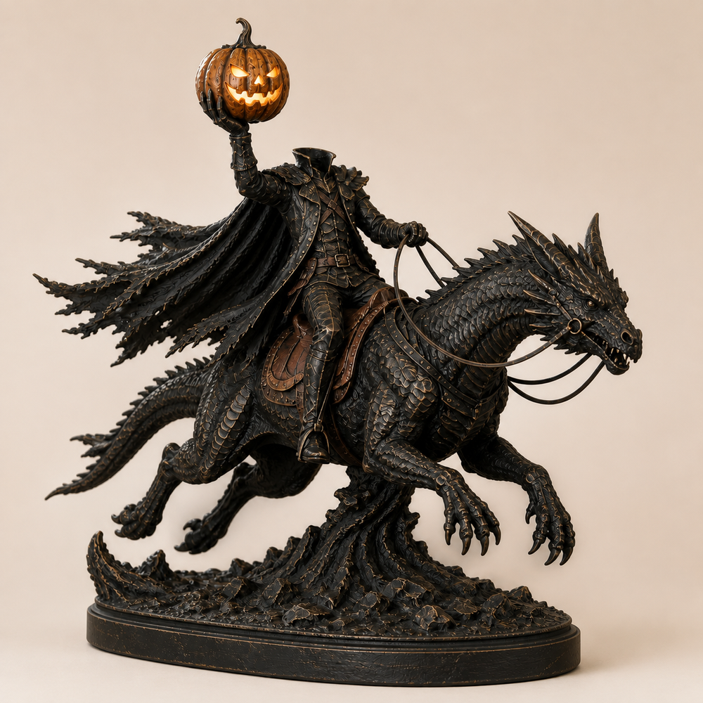 🎃 Headless Horseman on Dragon Statue – Gothic Halloween Figurine & Dark Fantasy Home Decor full product view