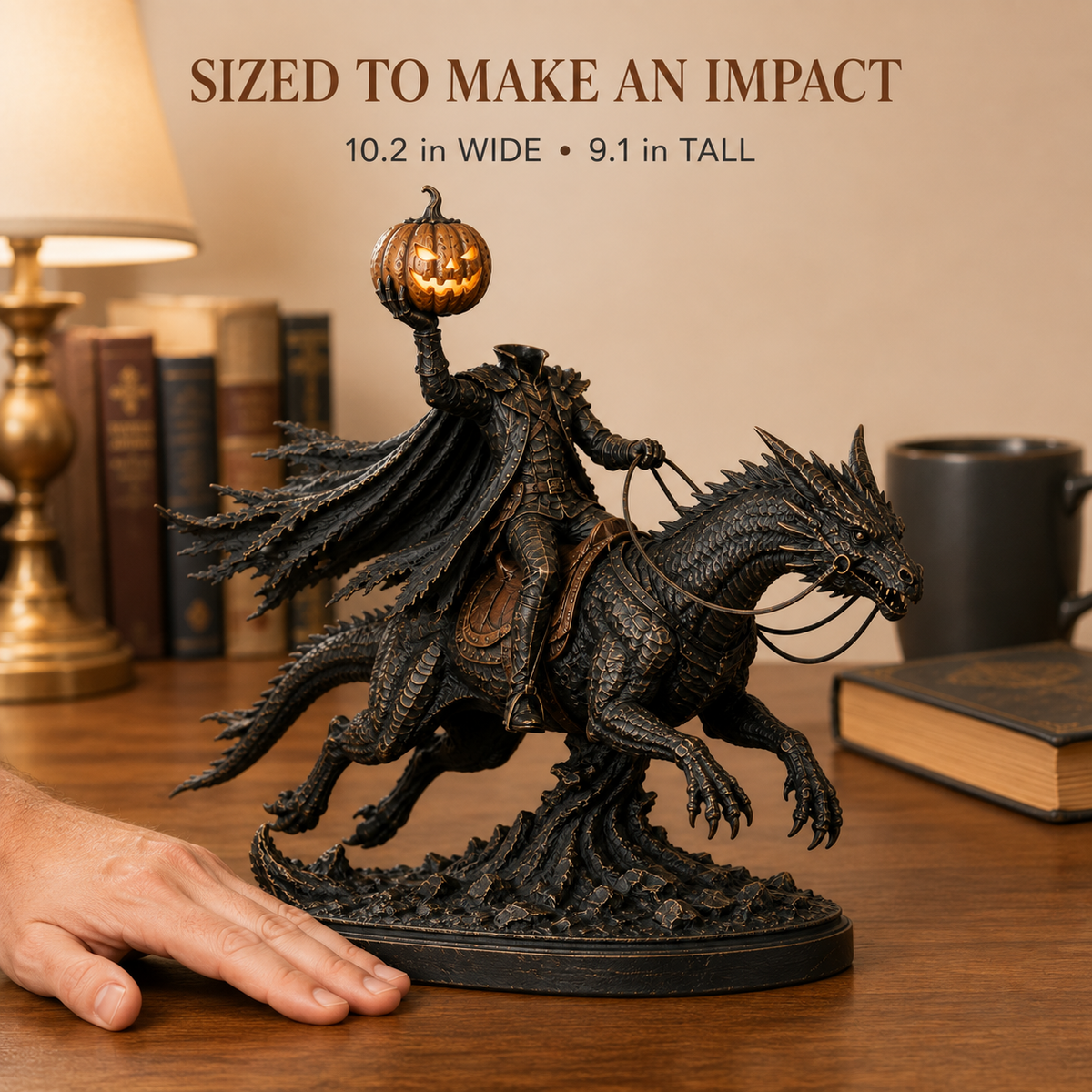 🎃 Headless Horseman on Dragon Statue – Gothic Halloween Figurine & Dark Fantasy Home Decor held by an adult hand for size reference
