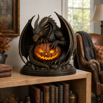 🐉🎃 Dragon Guardian Jack-O’-Lantern – Glowing Gothic Halloween Statue & Fantasy Décor