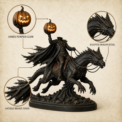 🎃 Headless Horseman on Dragon Statue – Gothic Halloween Figurine & Dark Fantasy Home Decor