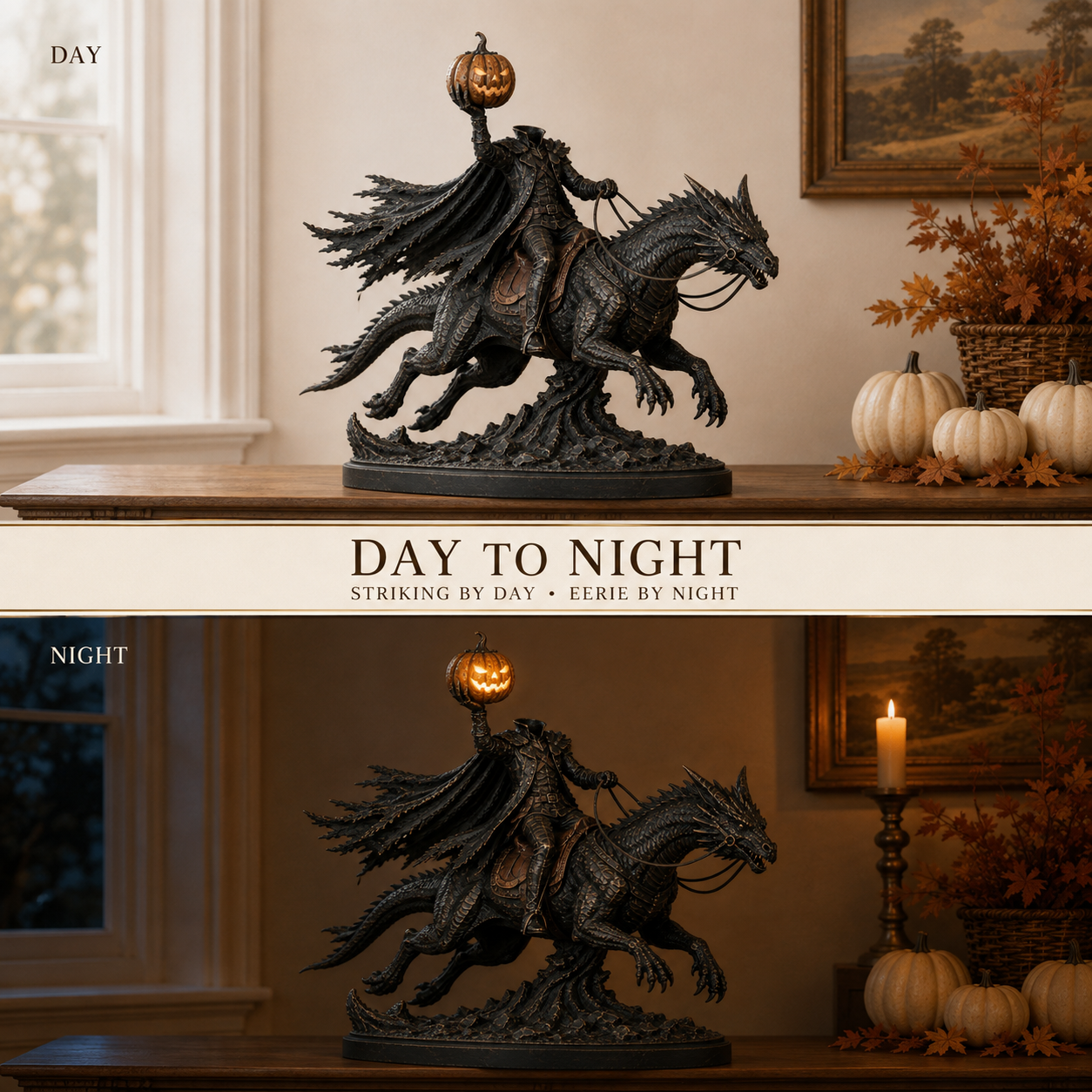 🎃 Headless Horseman on Dragon Statue – Gothic Halloween Figurine & Dark Fantasy Home Decor shown in daylight and with its amber light on at night