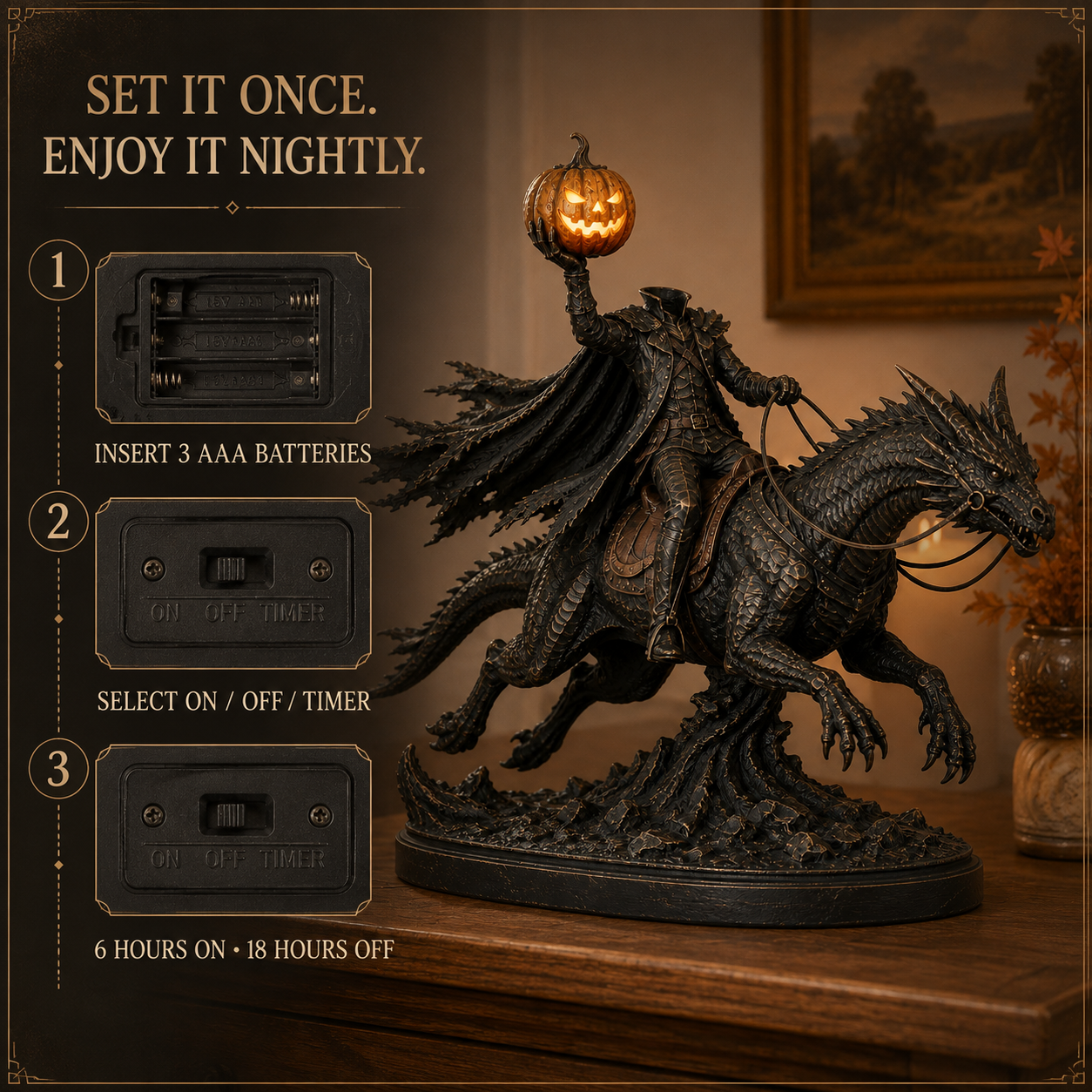 🎃 Headless Horseman on Dragon Statue – Gothic Halloween Figurine & Dark Fantasy Home Decor light and timer controls