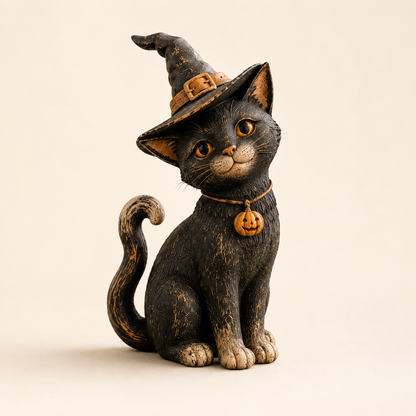 🐈‍⬛🎃 Whimsical Witch Cat Figurine – Rustic Halloween Black Cat Décor & Spooky Keepsake