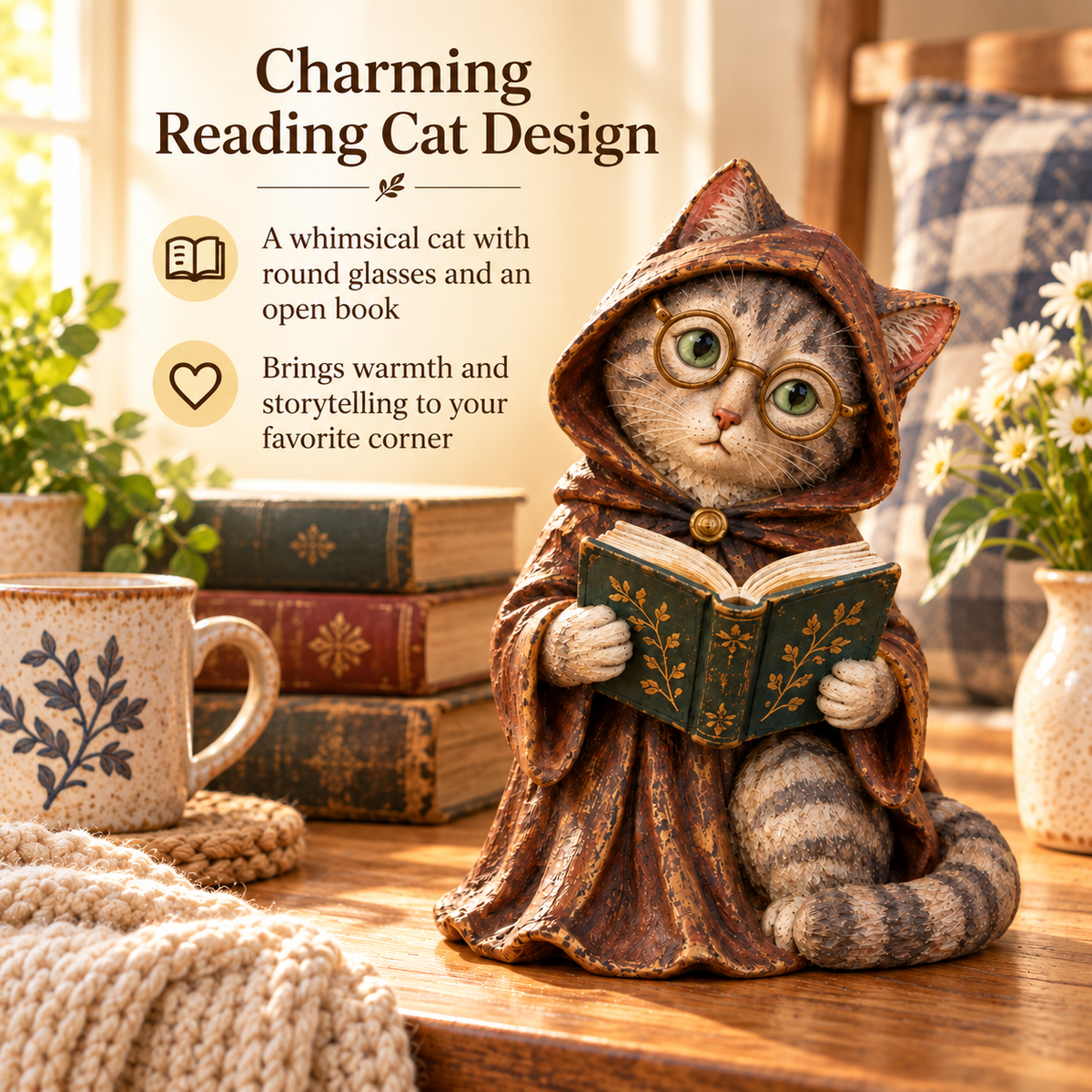 🐱📚 Whimsical Reading Cat Figurine – Cozy Book Lover Shelf Décor & Gift
