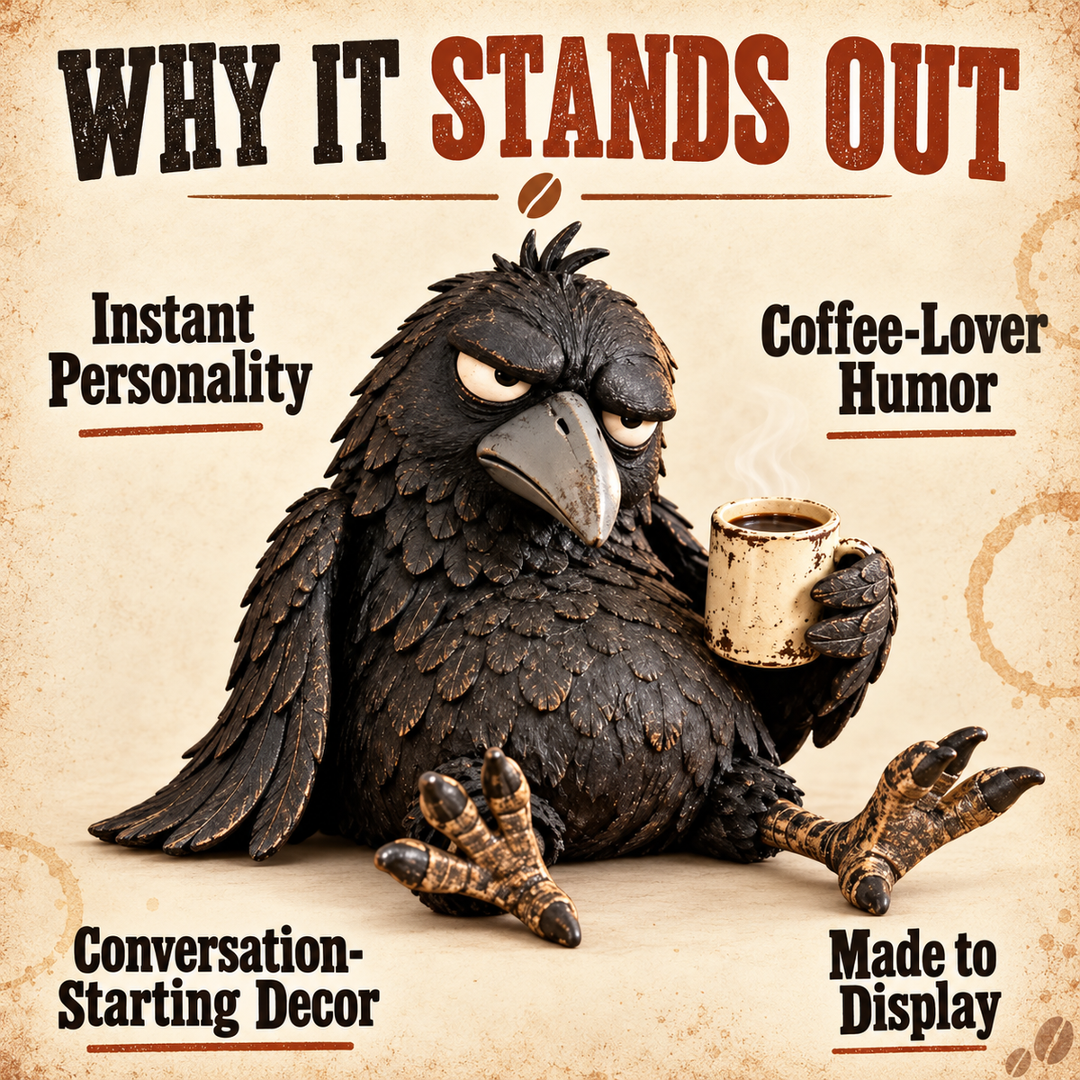 Raven figurine product graphic highlighting its personality, coffee theme, display appeal, and conversation-starting design
