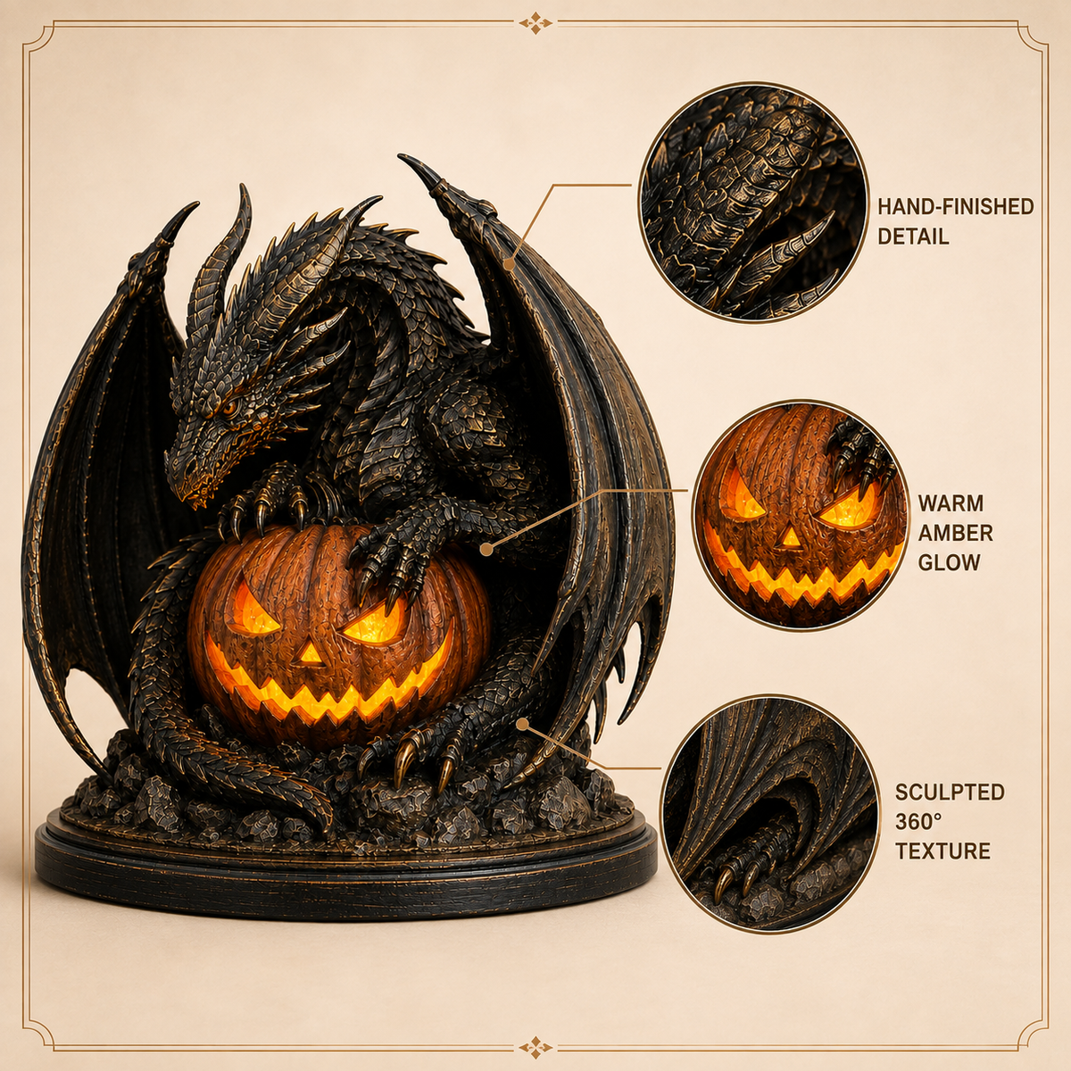 Close-up views of the dragon scales, wings, claws, antique-look finish, and glowing pumpkin