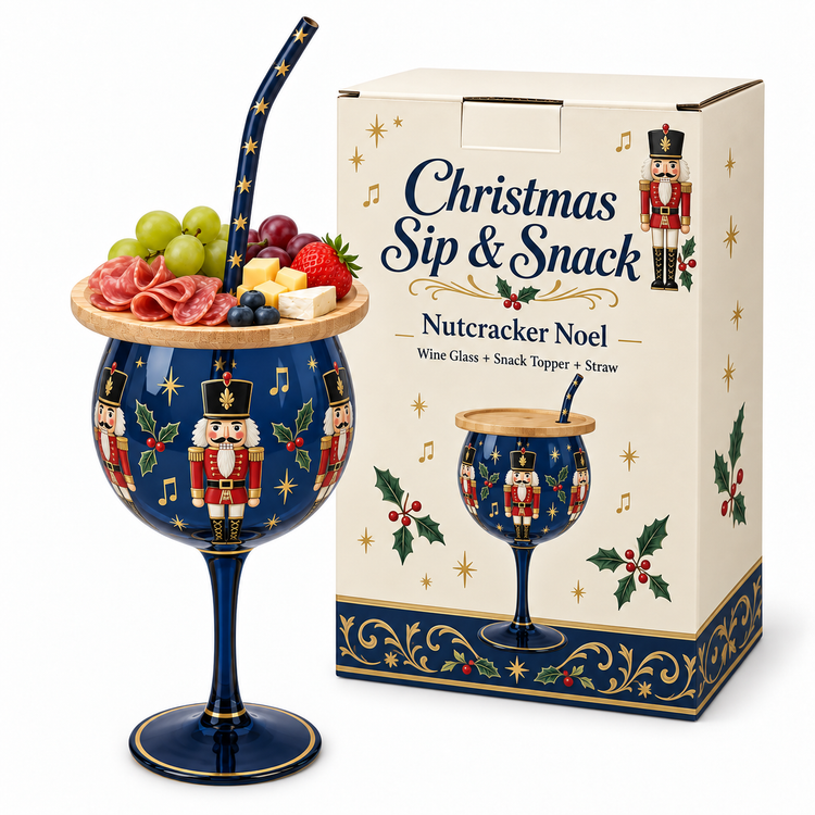 Nutcracker wine glass, snack topper, straw and illustrated carton