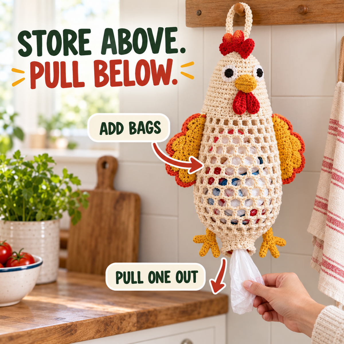 Chicken crochet organizer showing bags added through the body and pulled from the bottom