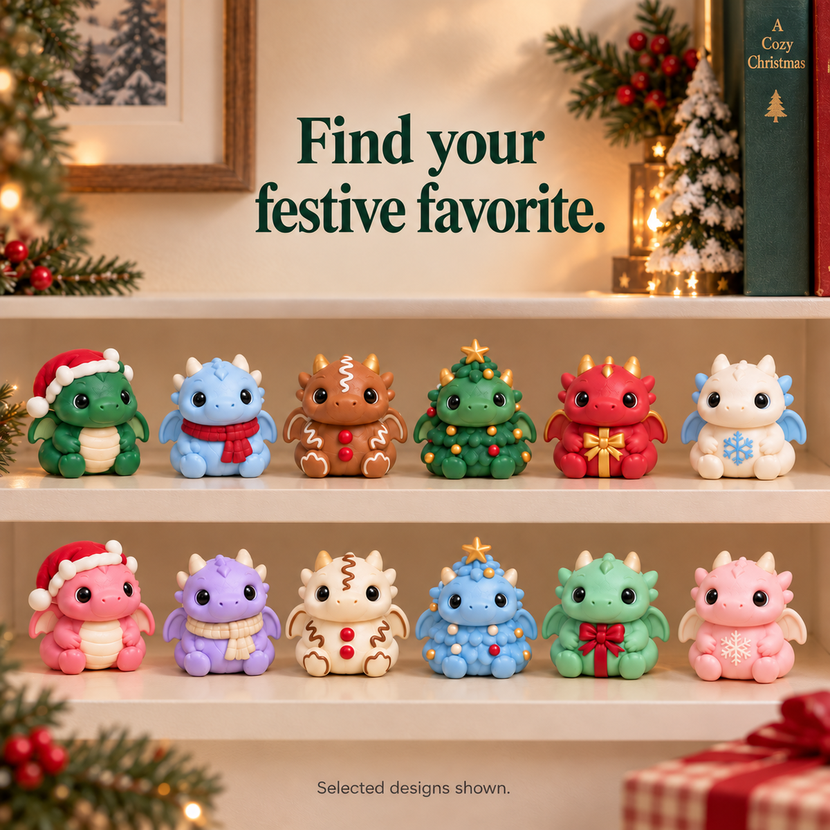 Selected Christmas dragon designs displayed in two rows on a shelf