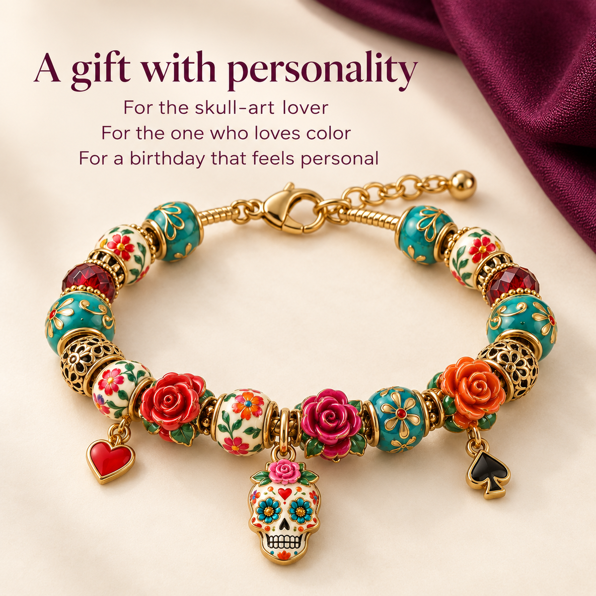 💀🌹 Día de los Muertos Sugar Skull Bracelet Collection – Colorful Floral Memorial Jewelry ✨