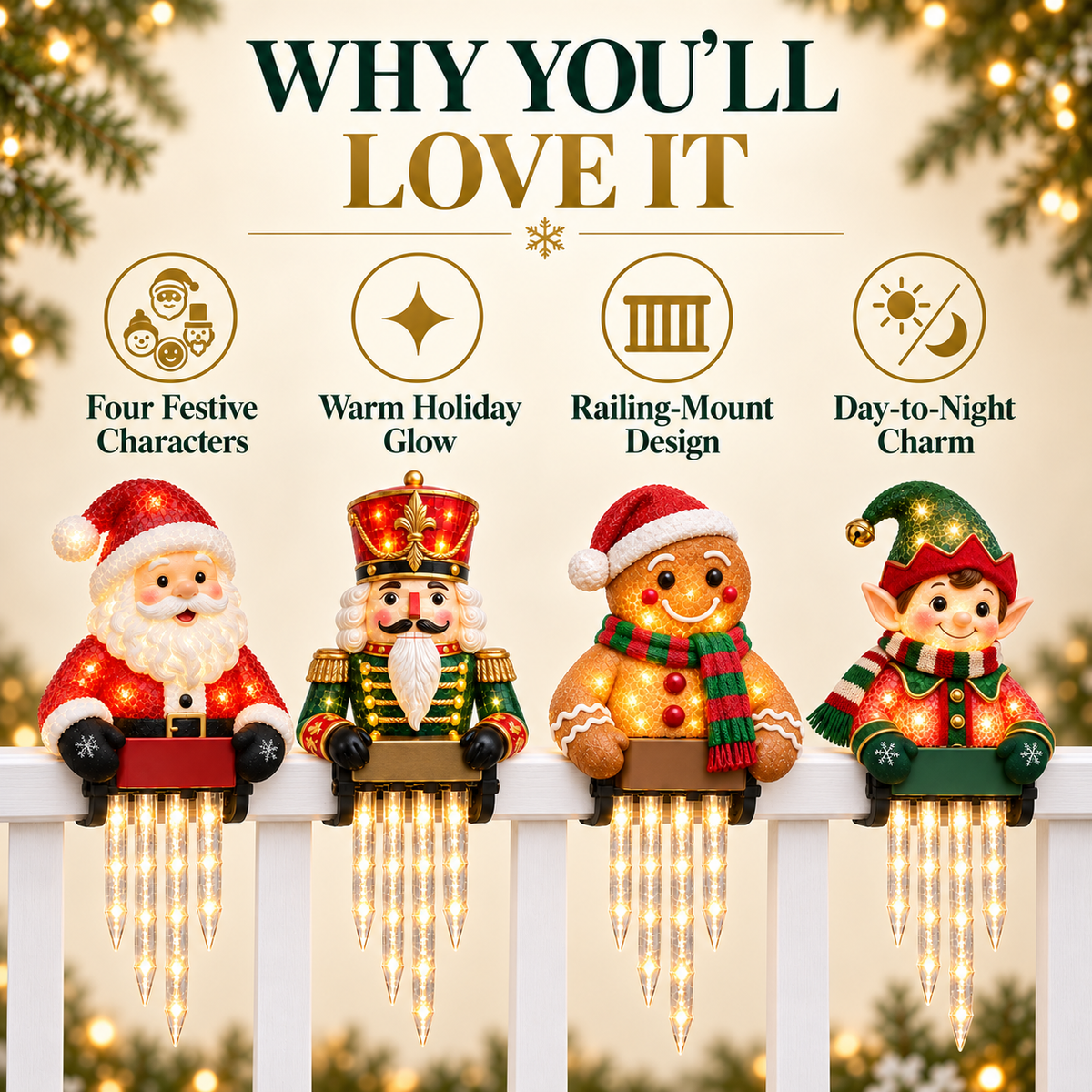 Product infographic showing four Christmas characters, warm glow and railing display design