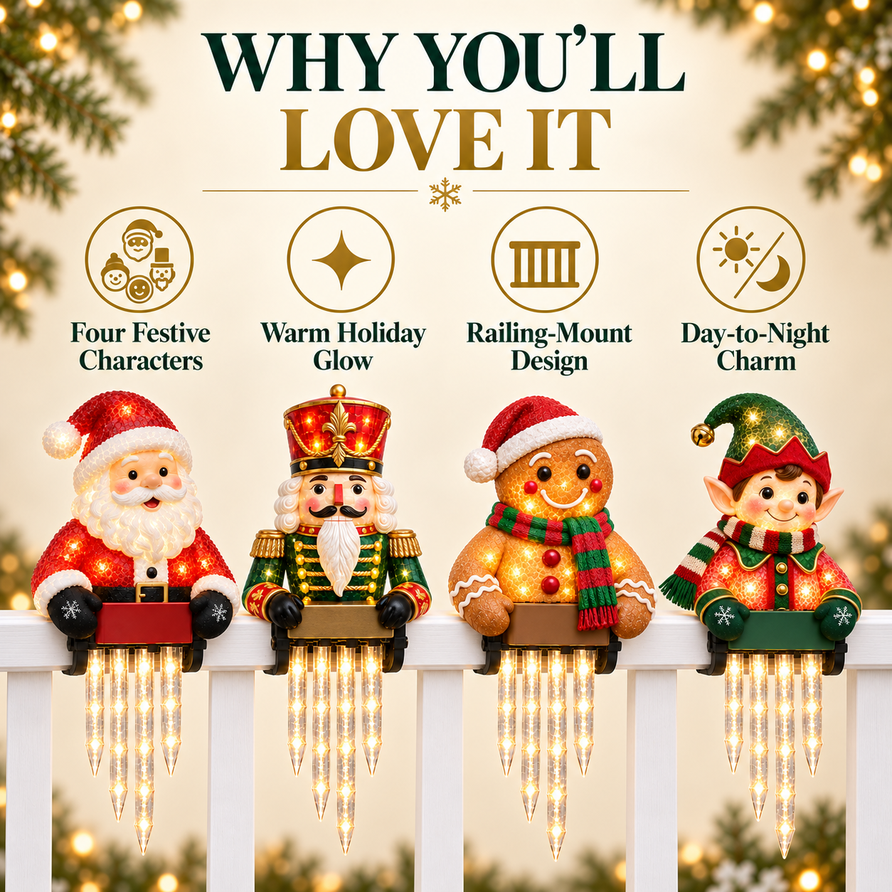 🎄✨ Christmas Character Icicle Lights – Festive LED Railing & Holiday Hanging Décor