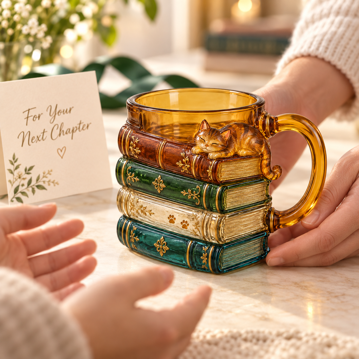 Hands giving a cat mug beside a greeting card