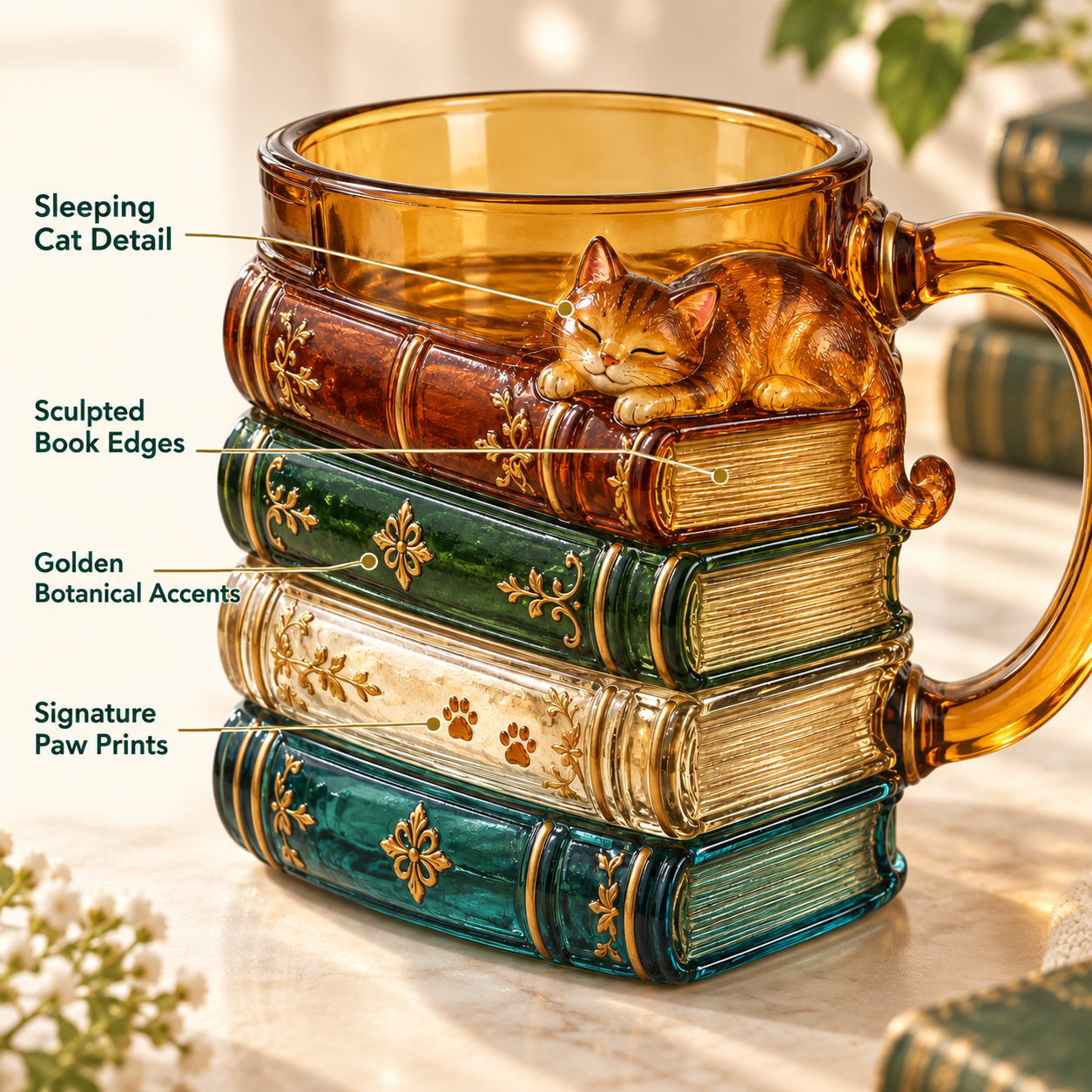 Close-up of sleeping cat, book edges, botanical accents and paw prints