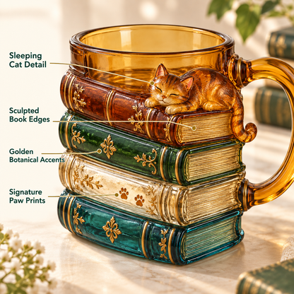 🐱📚 Cozy Book Stack Cat Mug – Whimsical Vintage Coffee Cup for Book & Cat Lovers