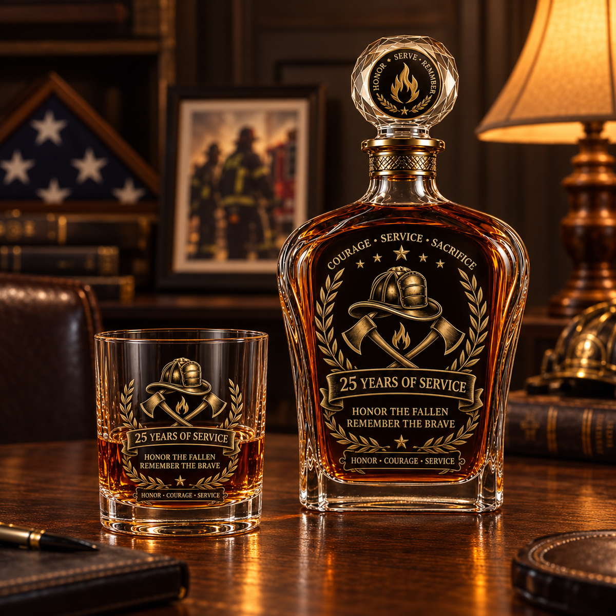 Firefighter commemorative decanter and matching whiskey glass