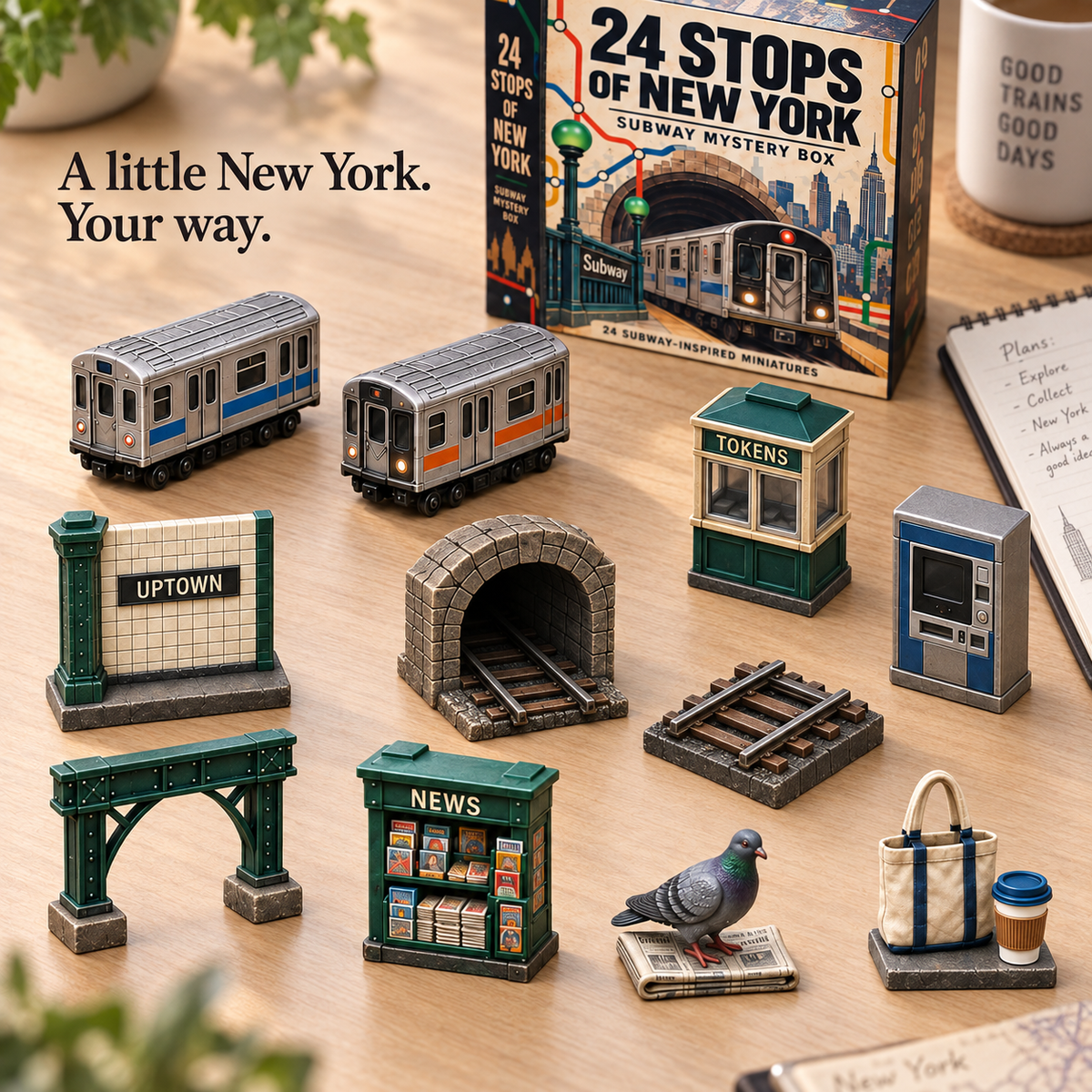 Subway trains, Uptown sign, token booth and New York city miniatures arranged on a desk