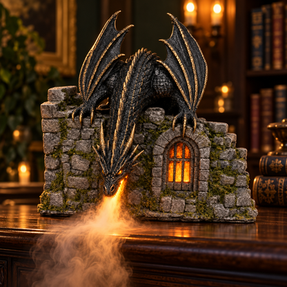 🐉🔥 Fire-Breathing Dragon Castle Mist Lamp – Glowing LED Flame Effect & Remote Control ✨