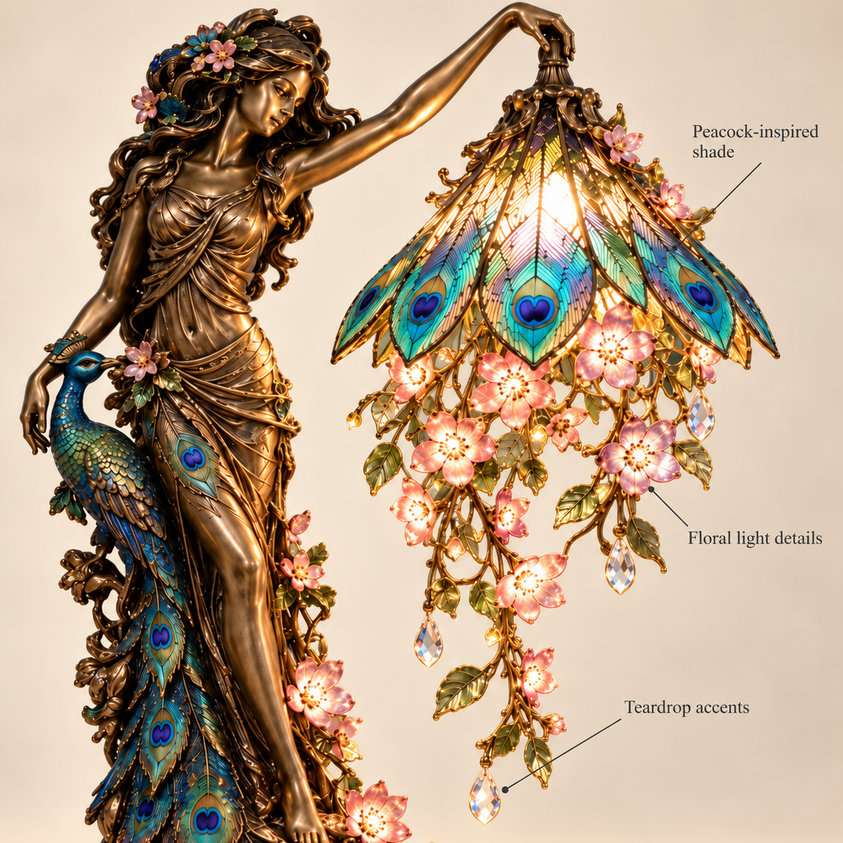 🦚✨ Enchanted Peacock Goddess Table Lamp – Floral Art Nouveau Accent Light