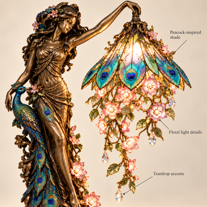 🦚✨ Enchanted Peacock Goddess Table Lamp – Floral Art Nouveau Accent Light