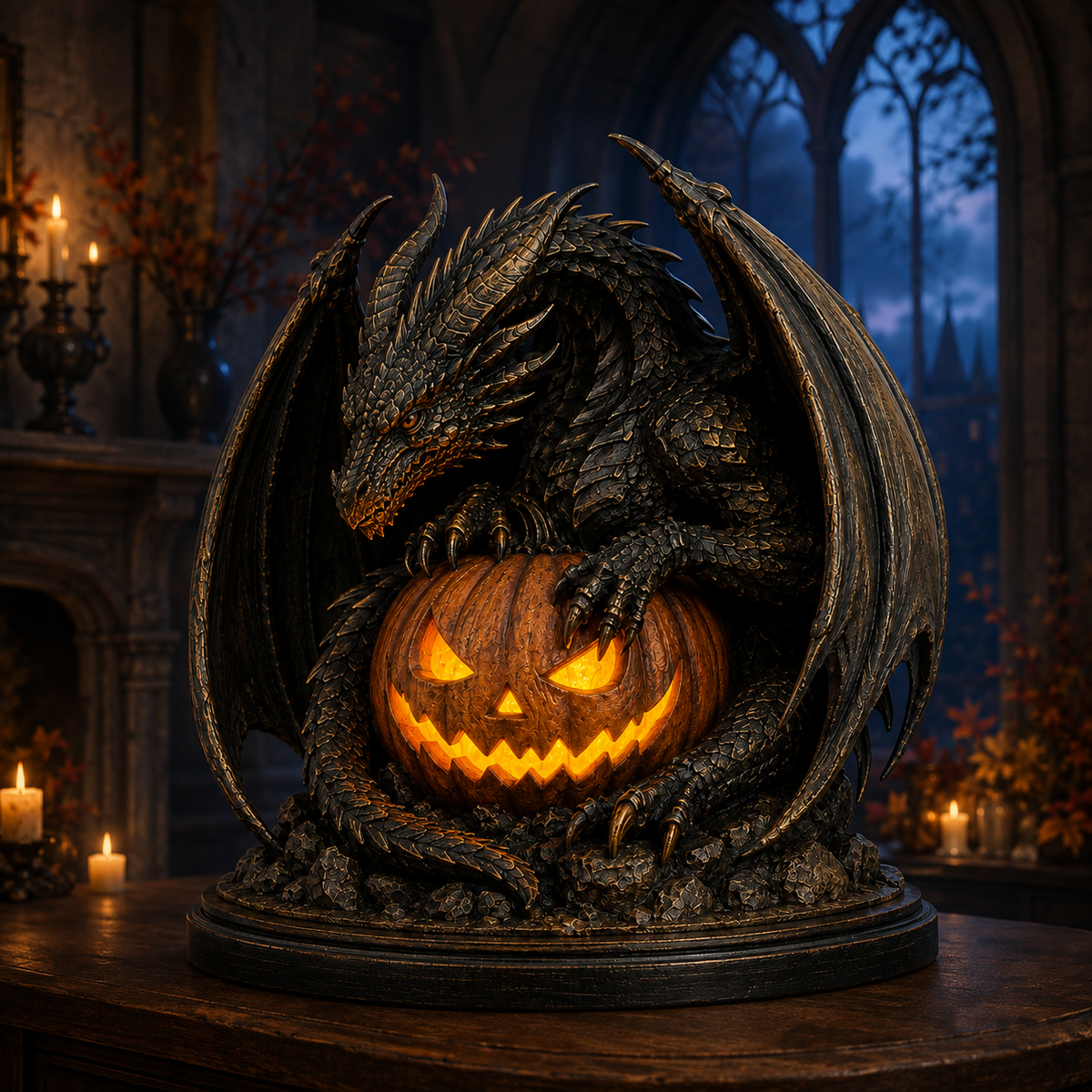 🐉🎃 Dragon Guardian Jack-O’-Lantern – Glowing Gothic Halloween Statue & Fantasy Décor