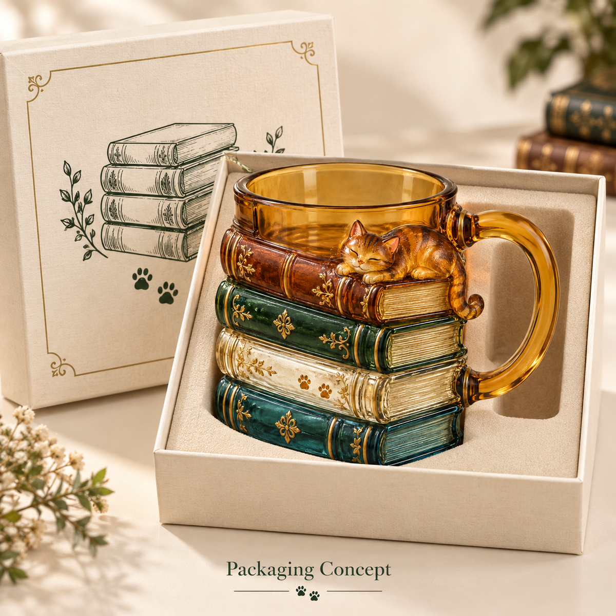 🐱📚 Cozy Book Stack Cat Mug – Whimsical Vintage Coffee Cup for Book & Cat Lovers