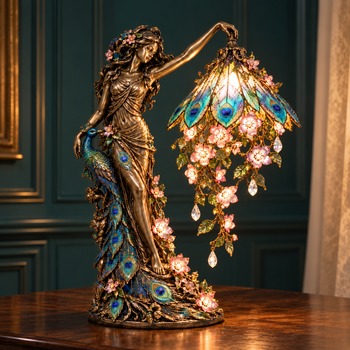 Enchanted Peacock Goddess lamp with an illuminated feather-patterned shade and cascading flowers