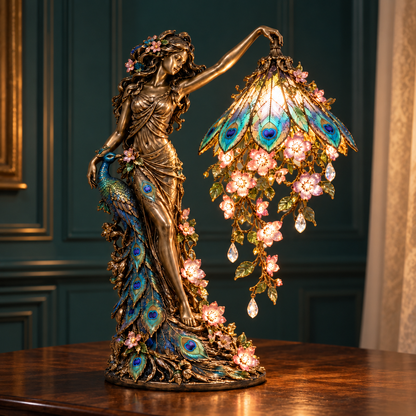 🦚✨ Enchanted Peacock Goddess Table Lamp – Floral Art Nouveau Accent Light