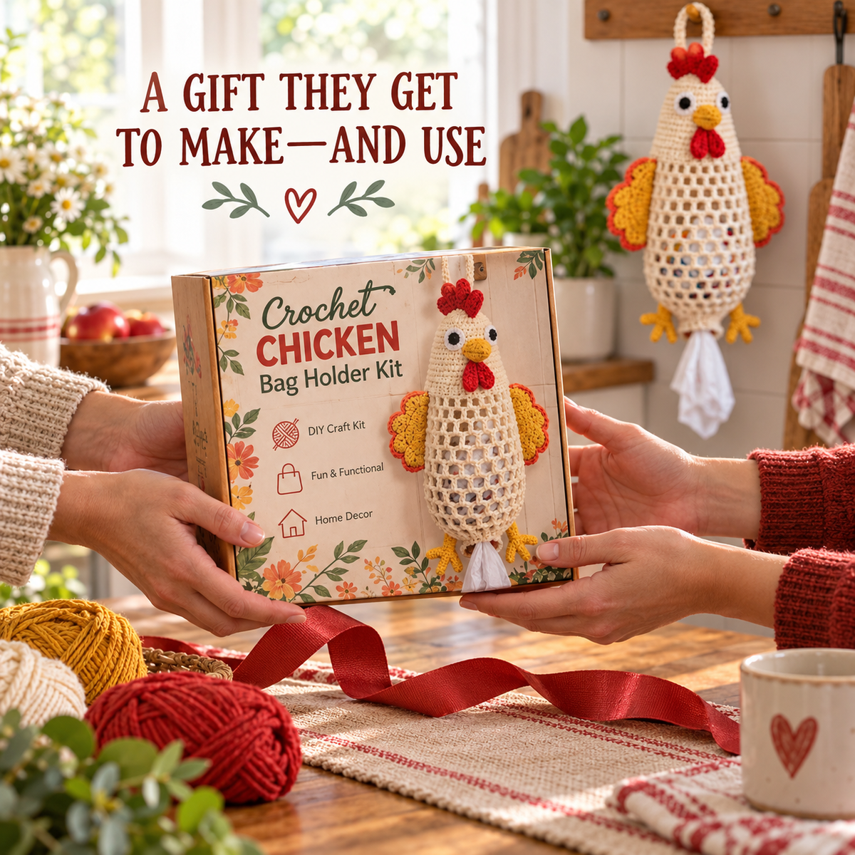 Crochet chicken bag holder kit being given as a gift