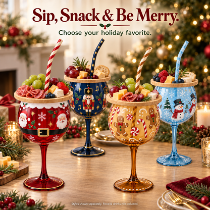 🎄🍷 Christmas Sip & Snack Wine Glass – Charcuterie Topper & Straw in 4 Festive Designs