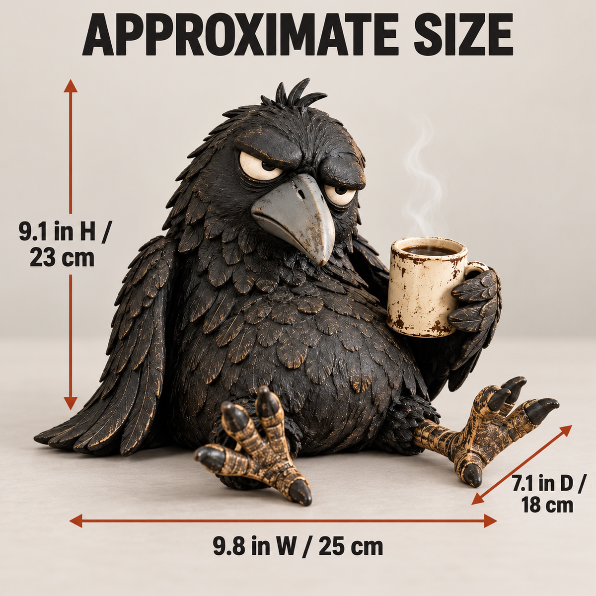 Approximate raven figurine size guide showing height width and depth