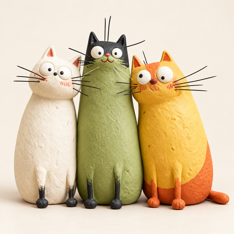 Cream, green and orange long-neck cat figurines with expressive eyes and whiskers