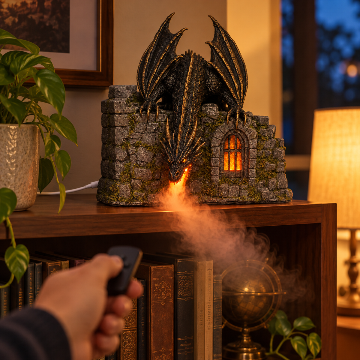 🐉🔥 Fire-Breathing Dragon Castle Mist Lamp – Glowing LED Flame Effect & Remote Control ✨