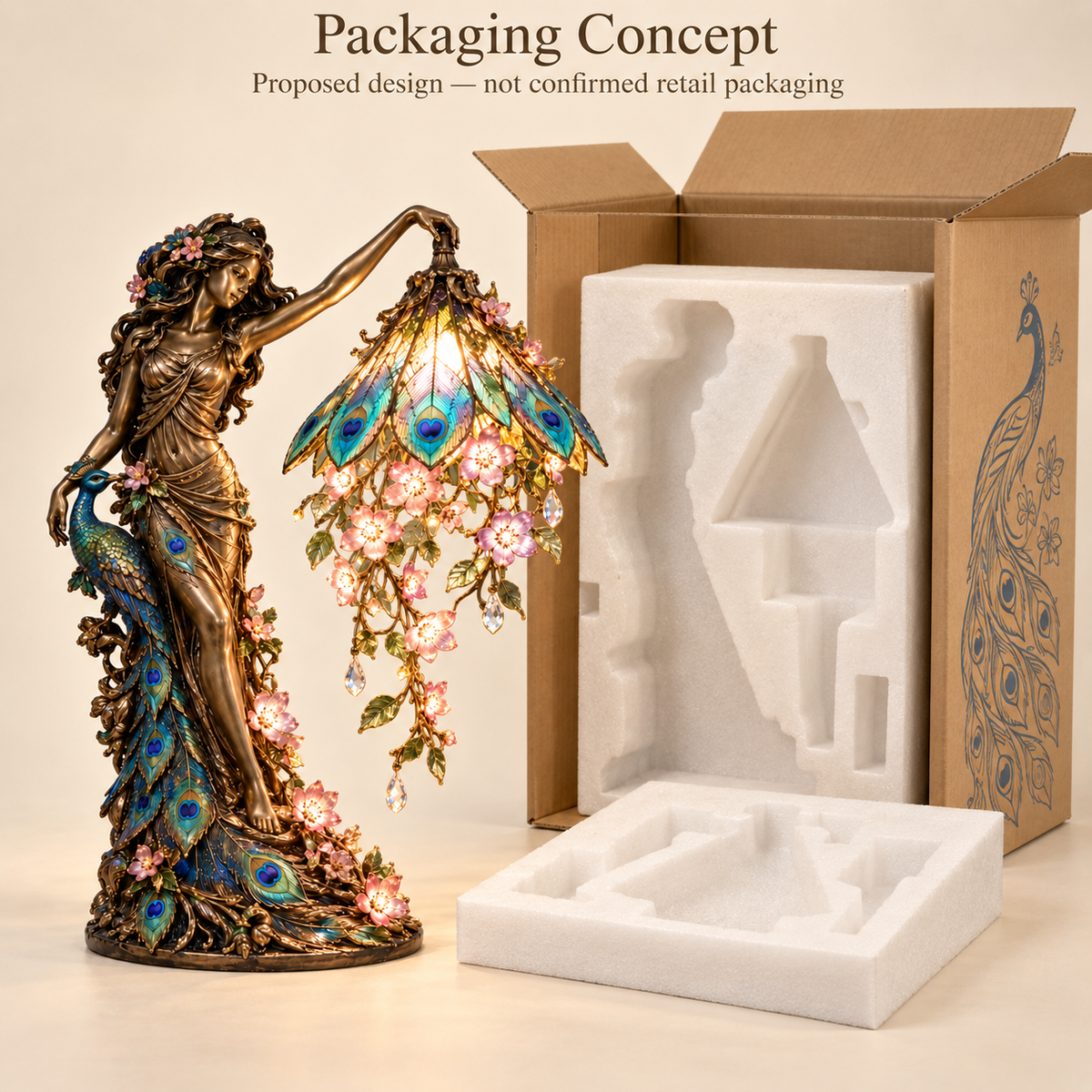 🦚✨ Enchanted Peacock Goddess Table Lamp – Floral Art Nouveau Accent Light