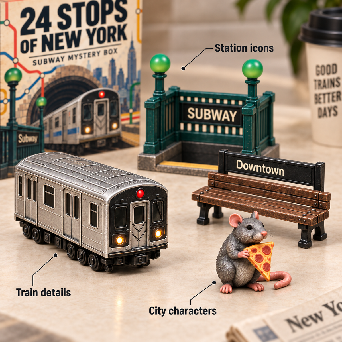 Close-up visualization of a subway car, green entrance, Downtown bench and pizza rat miniature