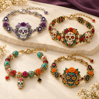 💀🌹 Día de los Muertos Sugar Skull Bracelet Collection – Colorful Floral Memorial Jewelry ✨