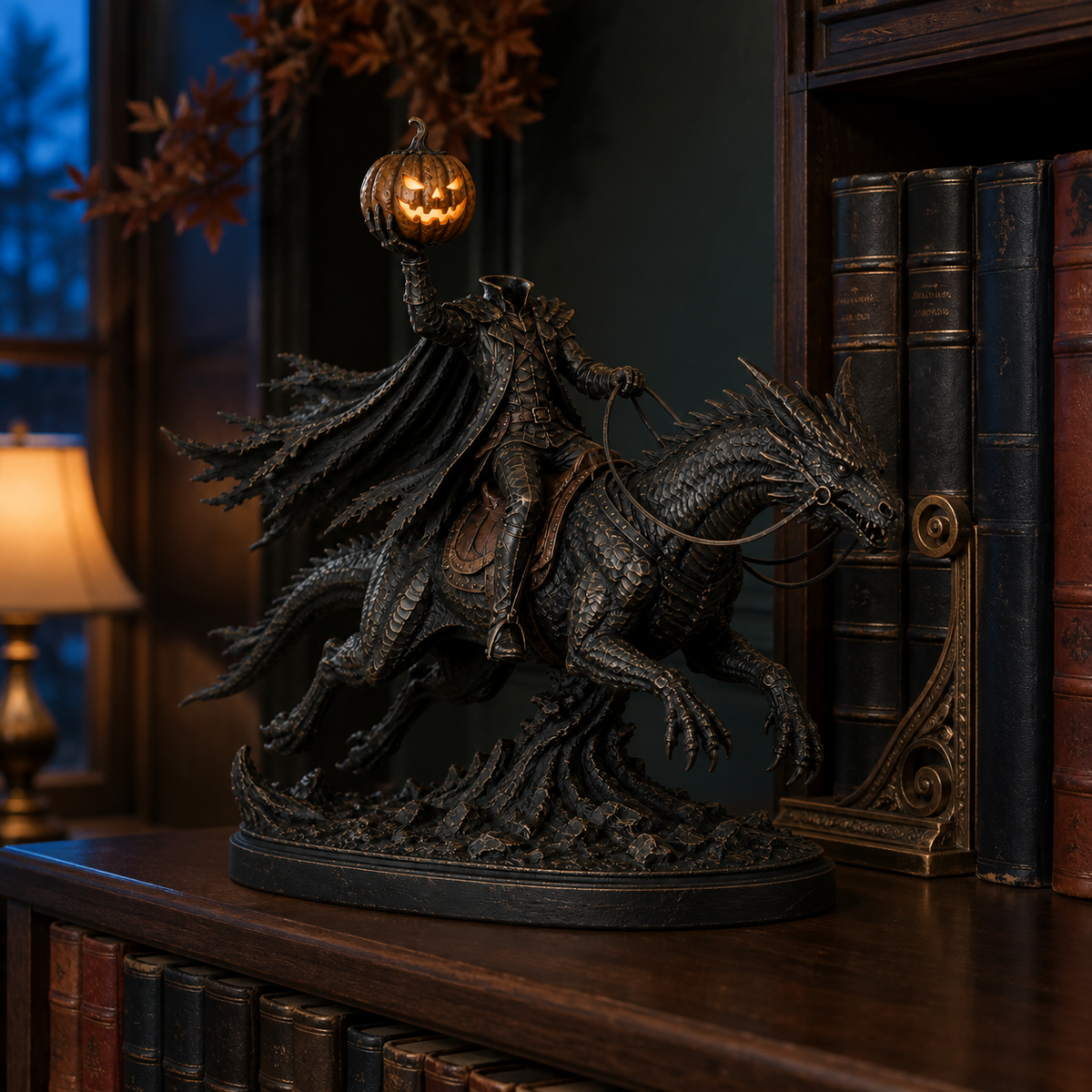 🎃 Headless Horseman on Dragon Statue – Gothic Halloween Figurine & Dark Fantasy Home Decor displayed in a collector library