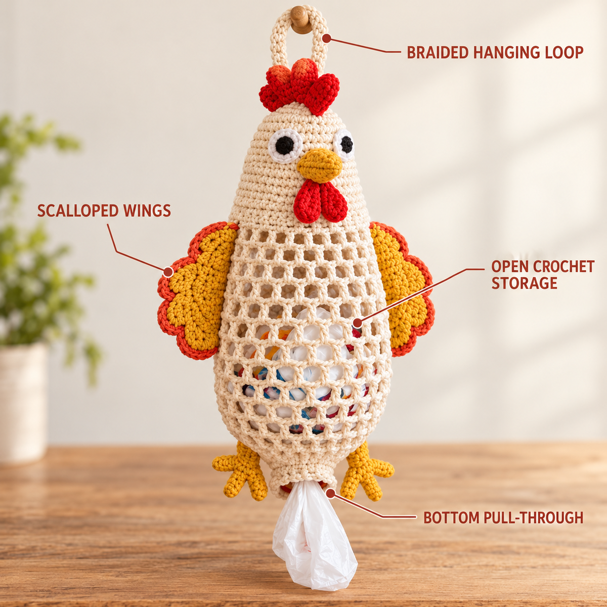 Close view of the chicken organizer hanging loop, wings, open storage body, and pull-through opening