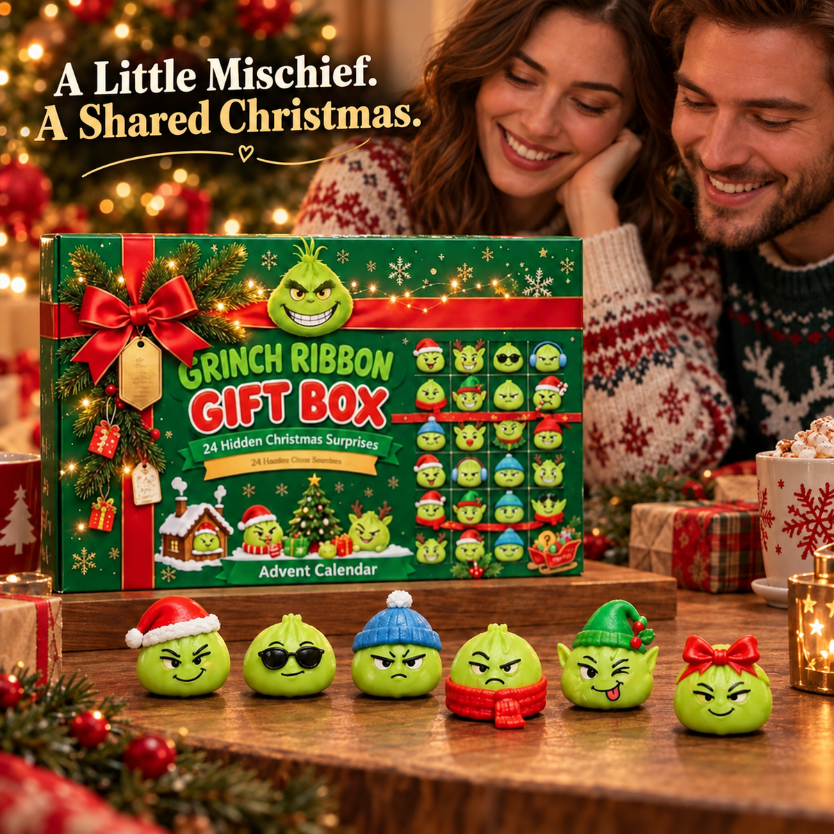 Illustrated adult couple sharing a Christmas moment with the green character calendar collection