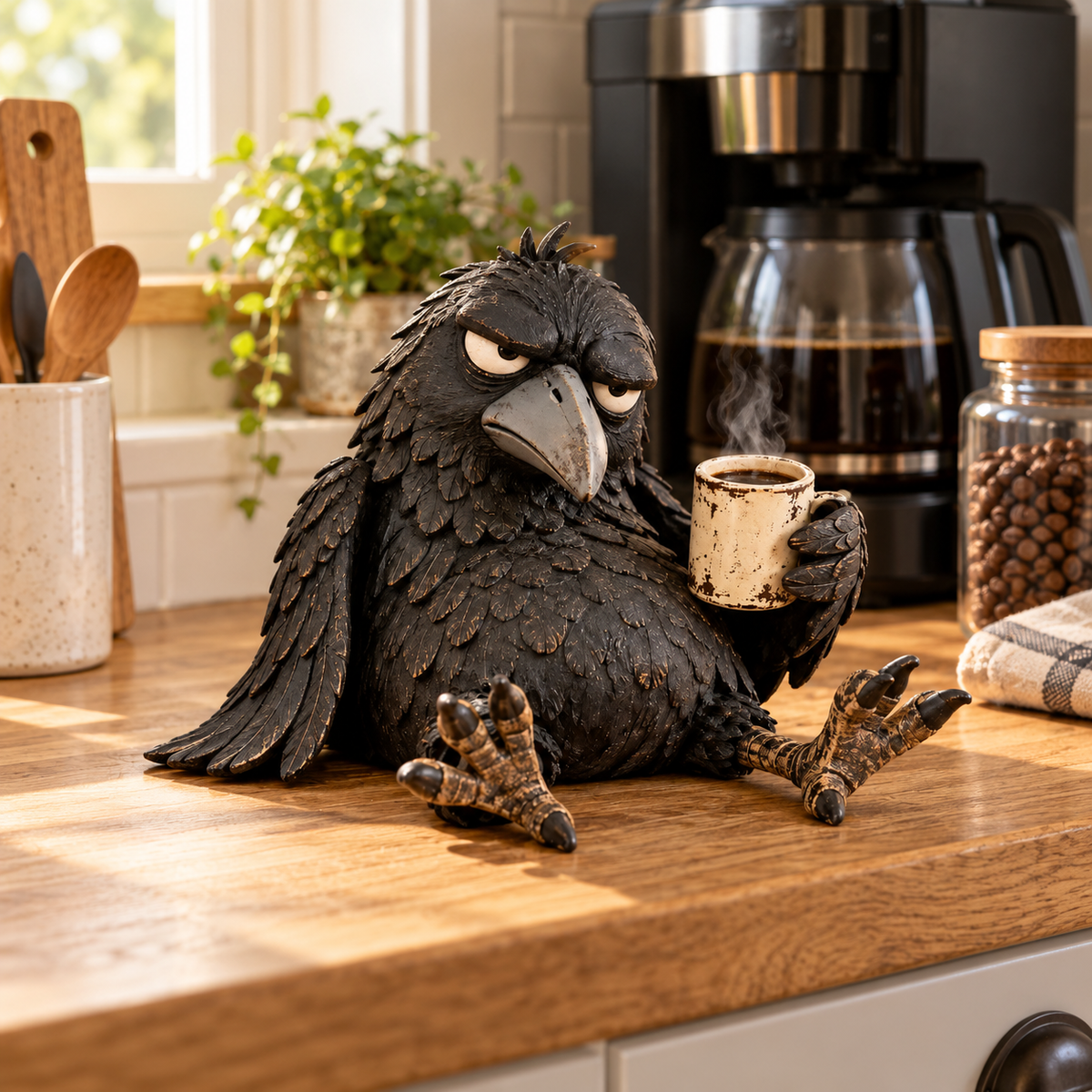 Raven figurine styled beside a coffee maker on a warm kitchen counter