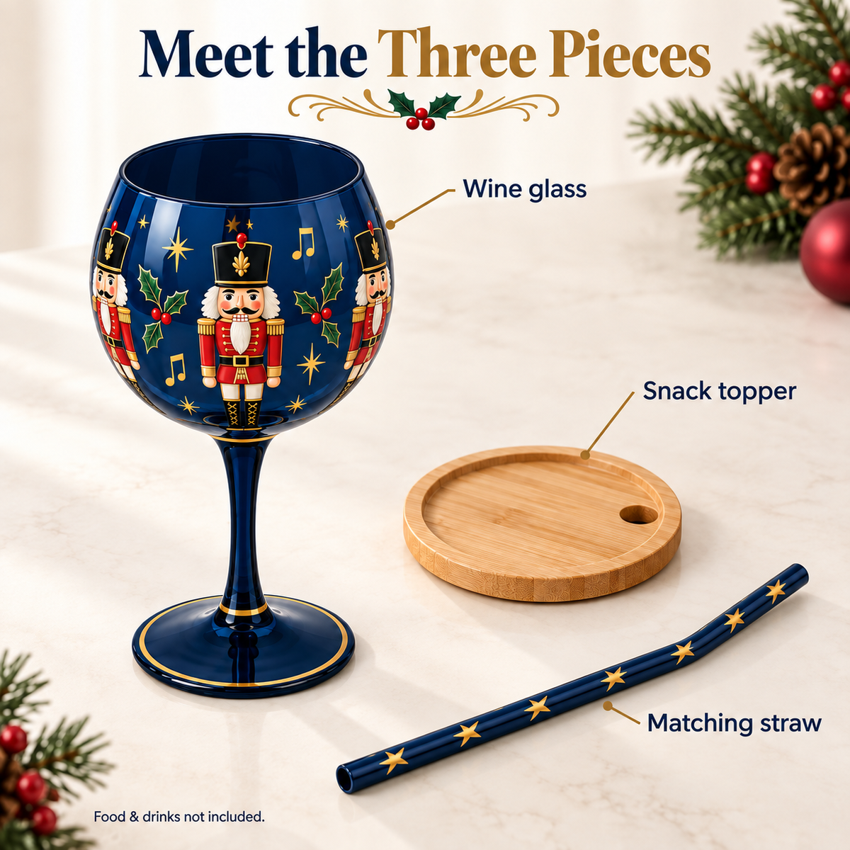 Nutcracker glass, separate circular snack topper with straw opening, and matching bent straw