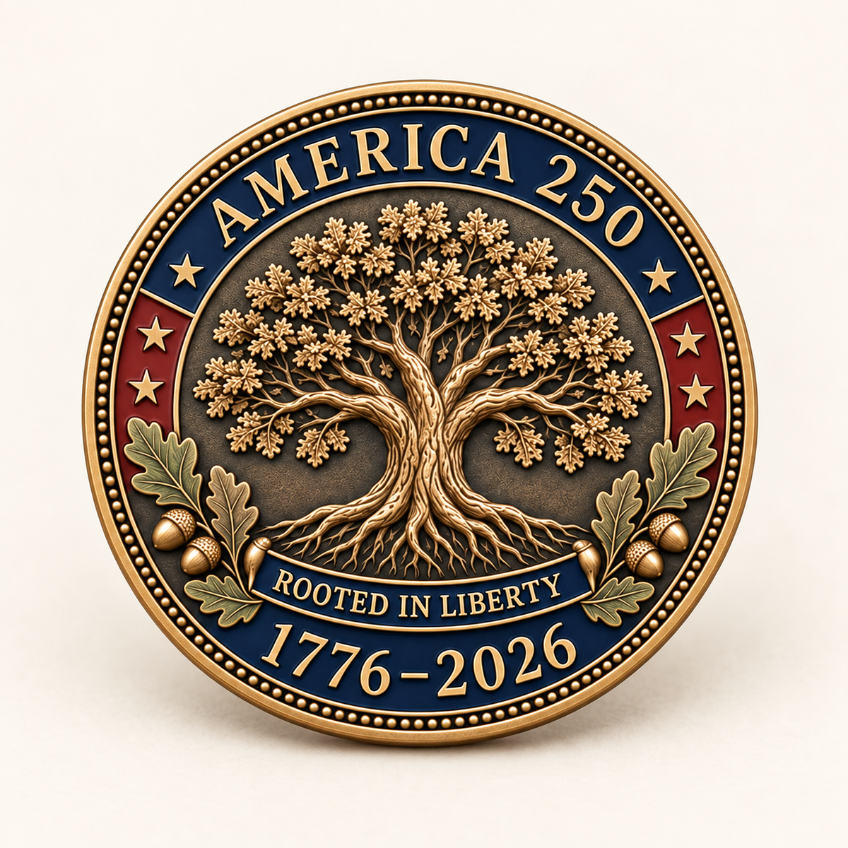 Front view of the America 250 Tree of Liberty commemorative medallion