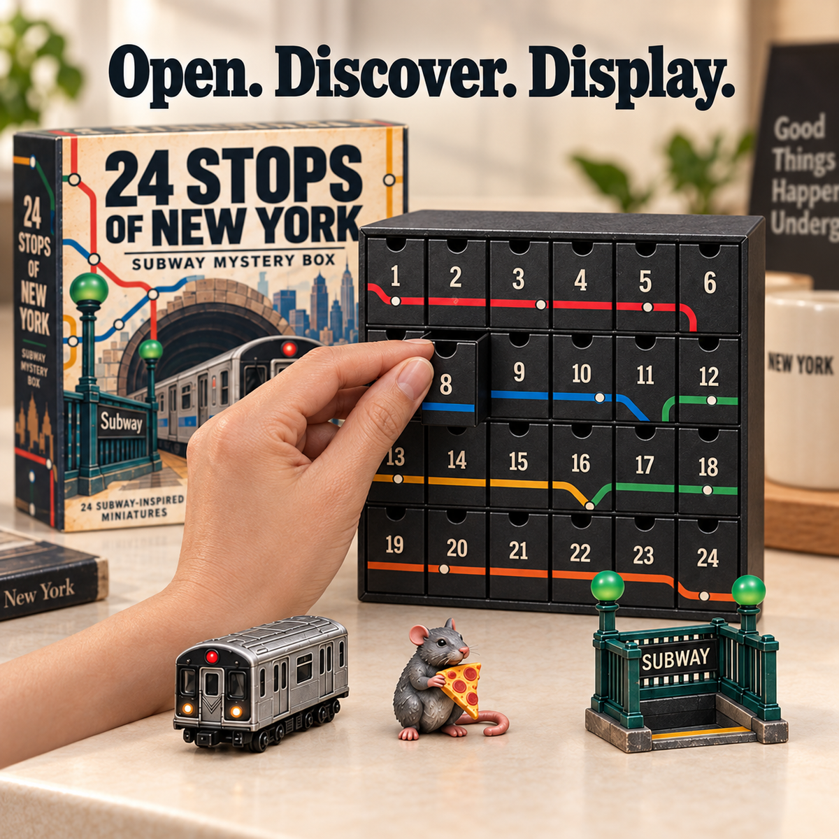 A hand opening a numbered drawer in the New York subway mystery calendar