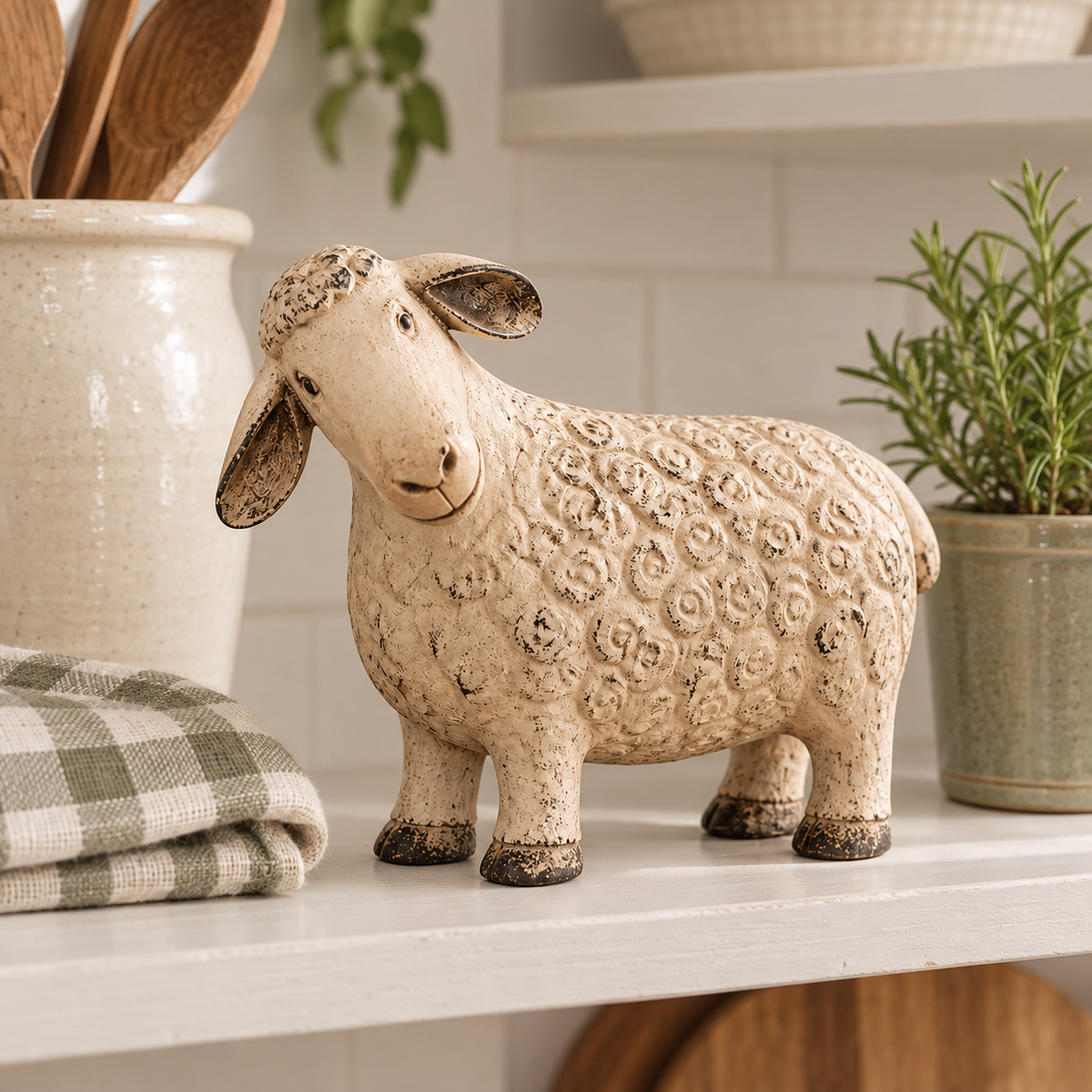 Sheep figurine styled on a light farmhouse kitchen shelf