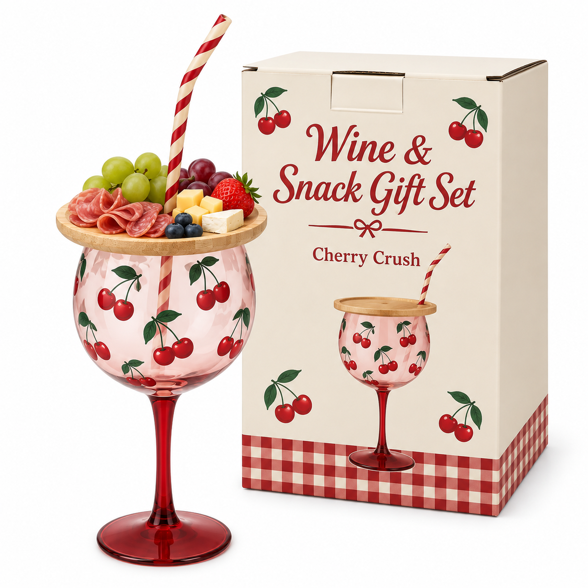 🍷 Sip & Snack Wine Glass Set – Charcuterie Topper with Straw