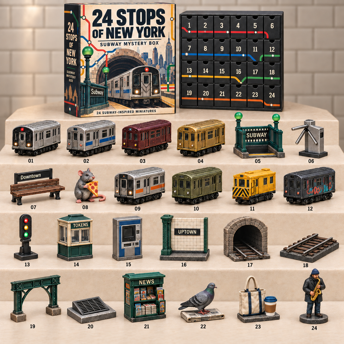 All 24 numbered subway-inspired miniature designs with the drawer box and illustrated outer packaging