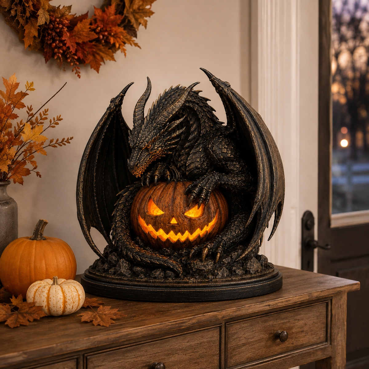 Glowing Dragon Guardian displayed on a warm autumn entryway console